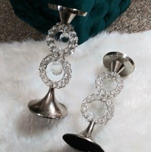 Crystal Beaded Glass & Silver Candle Holders